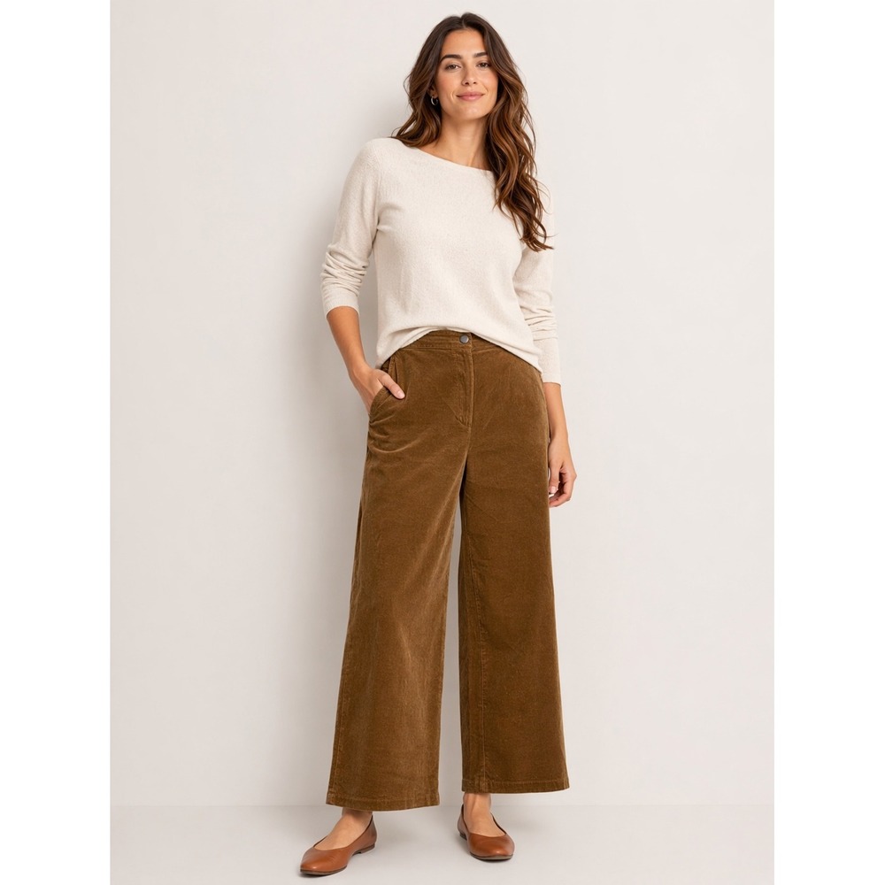 Eileen Fisher Brown Organic Cotton Corduroy Wide Leg Pants Womens Large L L/G